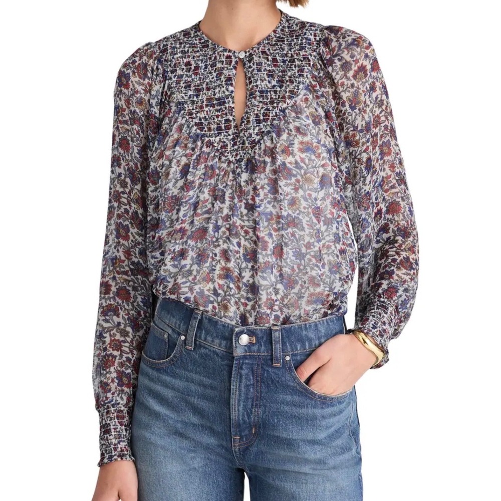 NWT Madewell Smocked Split Crewneck Top Cherry Red Blue Size Small Long Sleeve - Picture 1 of 9